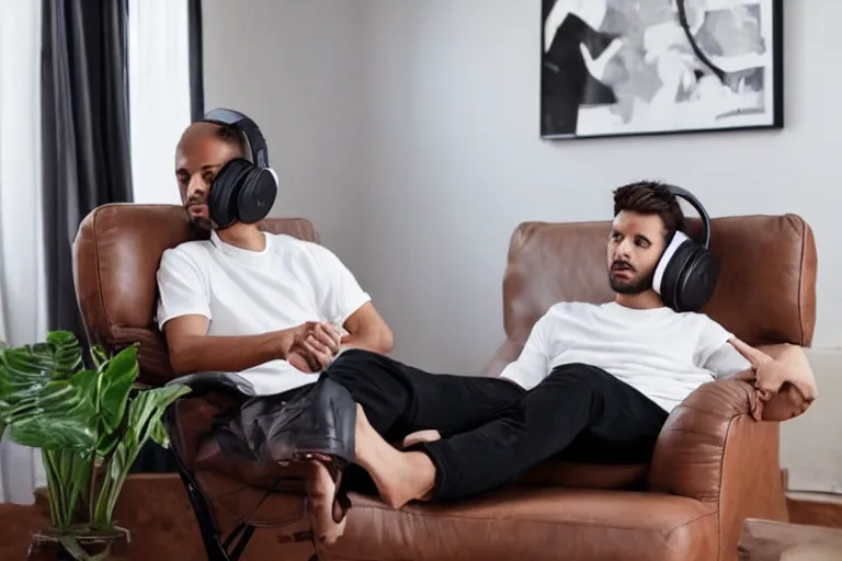 Image similar to a man wearing a white t - shirt and black sweat pants and wearing headphones is sitting in a brown leather chair in a living room