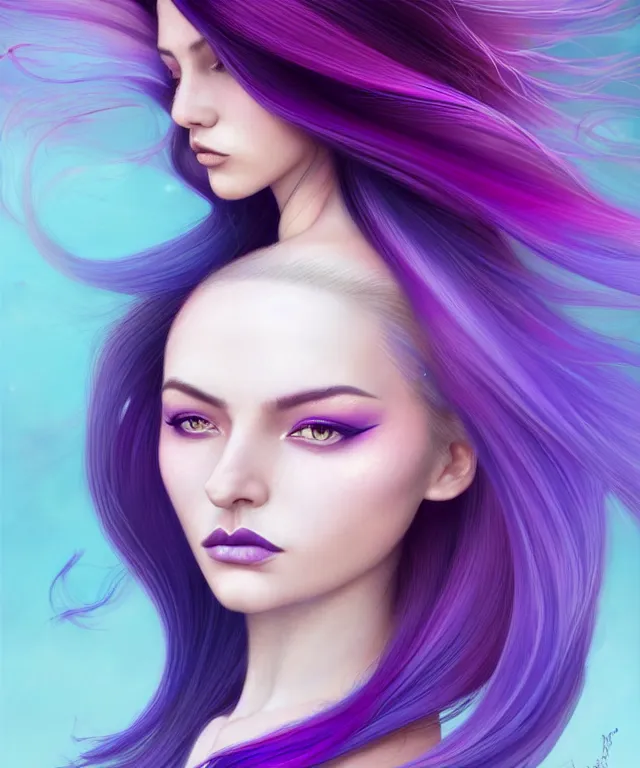 Image similar to Portrait of a woman with bright colored flying hair, all shades of purple. Hair coloring, beautiful lips and makeup. Hair fluttering in the wind, amber eyes, face, long hair, fantasy, intricate, elegant, highly detailed, digital painting, artstation, concept art, smooth, sharp focus, illustration, art by artgerm and greg rutkowski and alphonse mucha