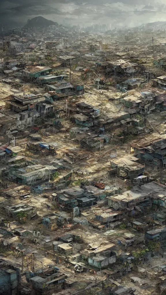 Image similar to a beautiful highly detailed matte painting of a huge derelict cargo favela by Jose Daniel Cabrera Pena and Leonid Kozienko, concept art