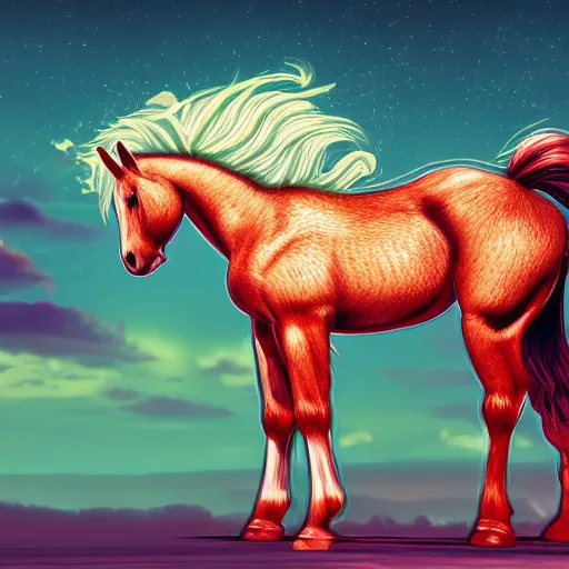 Prompt: digital 🐎, retrowave palette, highly detailed, anatomically correct equine, synth feel, smooth face, ear floof, flowing mane, no reins, super realism, accurate animal imagery, 4 k digital art