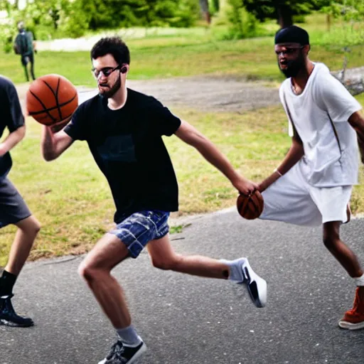 Prompt: hipsters stumbling while attempting to play basketball, HD photograph