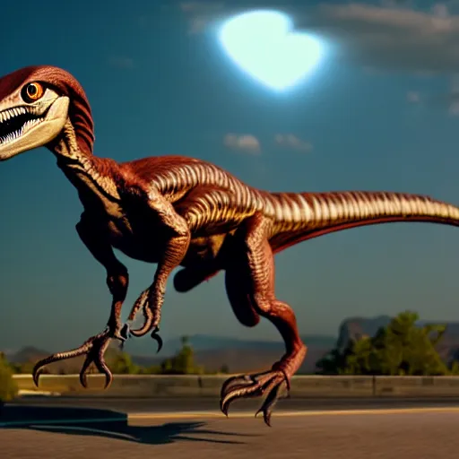 Image similar to a velociraptor riding a motorbike, photorealistic 3 d octane render, unreal engine, make it look like it was made by dall - e 2