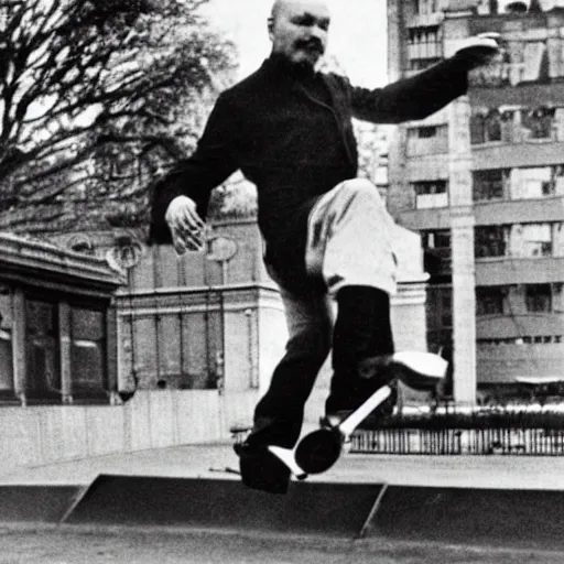 Image similar to lenin doing a kickflip with a skate