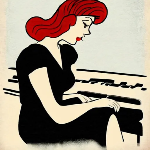 Prompt: beautiful woman with an halo, wearing an black dress and sitting in an piano, 3 0 s cartoon style art