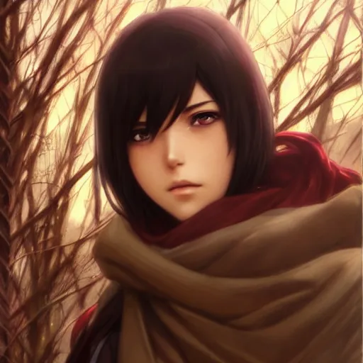 Image similar to mikasa ackerman, bokeh, beautiful face!!!!, 2 7 years old, cg animation, lifelike, animated, realistic, character select portrait, by artgerm, greg rutkowski, alphonse mucha, 3 d