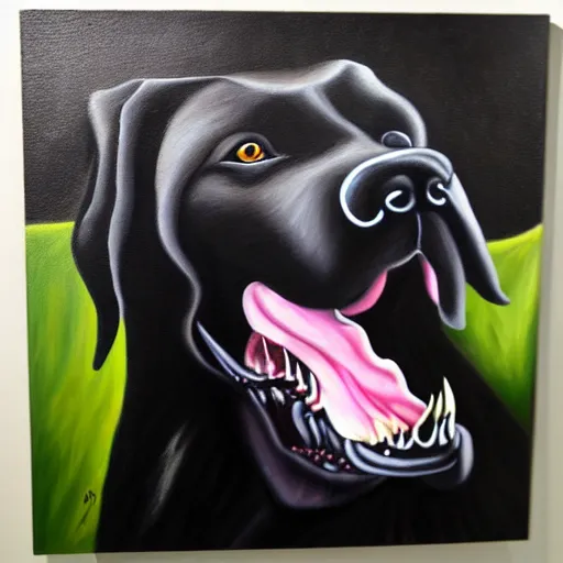 Image similar to realistic oil painting of a vicious black dog bearing its fangs next to brugmansia suaveolens flowers