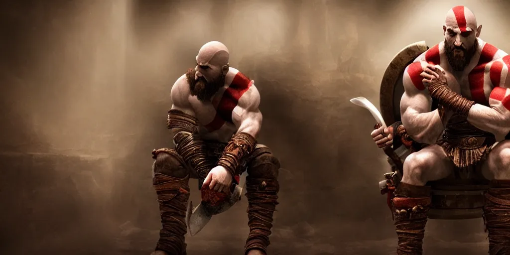 Prompt: kratos the god of war sitting on a modern toilet, cinematic composition and lighting