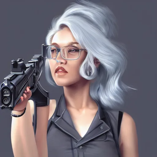 Image similar to a girl wearing a business, she has grey hair and is holding a gun, digital painting, smooth, hd, realist, artstation, deviantart, art by tran ross and