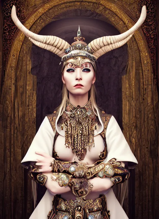 Prompt: a portrait of female priestess by candy makeup, photorealistic, intricate details, hyper realistic, fantasy, elegant, baroque, horn, ram skull headpiece, photorealistic, photography, symmetrical features, symmetrical pose, wide angle shot, feet on the ground, wearable art, unreal engine