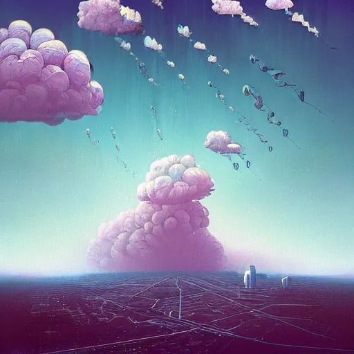 Image similar to beautiful painting of a landscape of glitched cloud ramifications and alien white monuments blossoming in the style of Simon Stålenhag and H. R. Giger, detailed, trending on Artstation