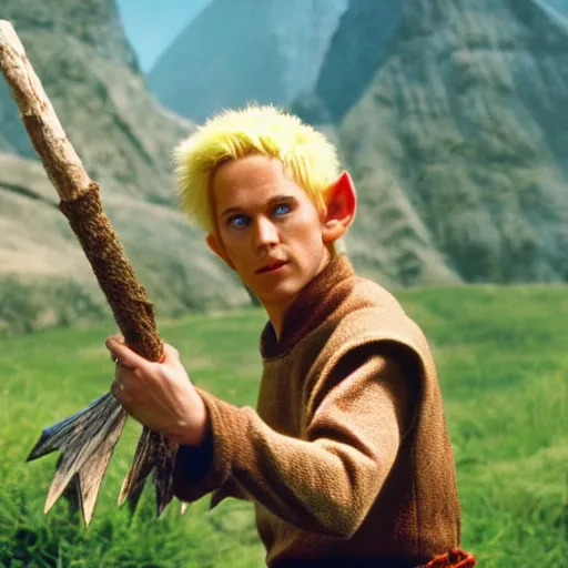 Prompt: a fantasy elf with spiky blonde hair wearing tan overalls and holding a stick of dynamite, high resolution film still, movie by Peter jackson