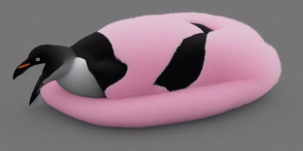 Image similar to realistic penguin sitting in a pink fluffy bed, hyper detailed, trending on artstation