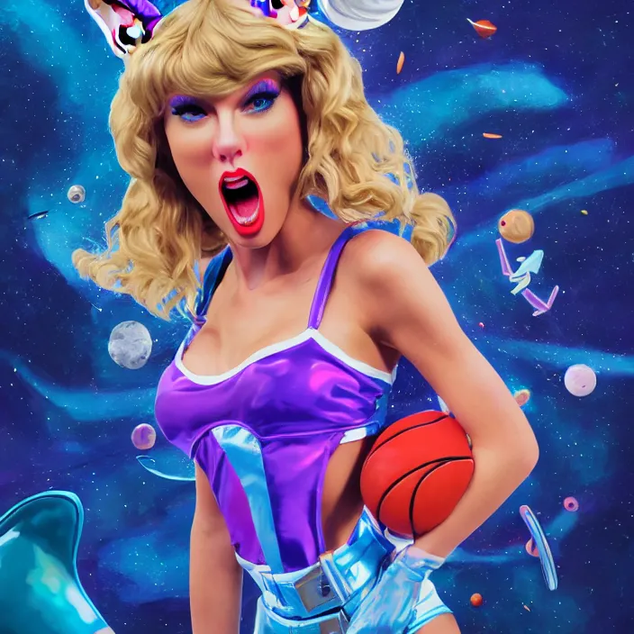 Image similar to portrait of Taylor Swift as Lola Bunny in Space Jam 1996. bunny ears. intricate abstract. intricate artwork. by Tooth Wu, wlop, beeple, dan mumford. octane render, trending on artstation, greg rutkowski very coherent symmetrical artwork. cinematic, hyper realism, high detail, octane render, 8k, iridescent accents