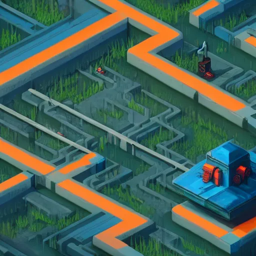 Prompt: isometric videogame landscape in the style of Simon Stålenhag and H. R. Giger, detailed, trending on Artstation