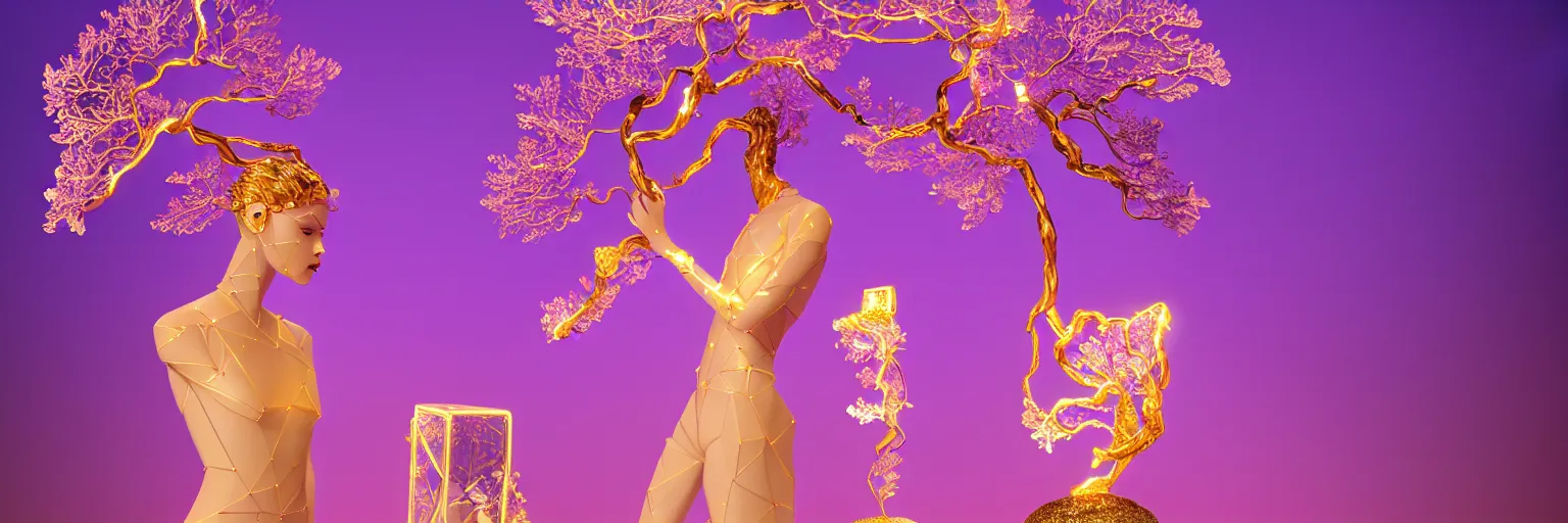 Image similar to beautiful mannequin sculpted out of amethyst by billelis + lit with geometric neon dripping gold + kintsugi, facing a doorway opening with neon pink geometric fractal light + flowering bonsai trees + lighting in background!!, clean linework, dramatic, finely detailed, award winning, 4 k, trending on artstation, photorealistic, volumetric lighting, octane render