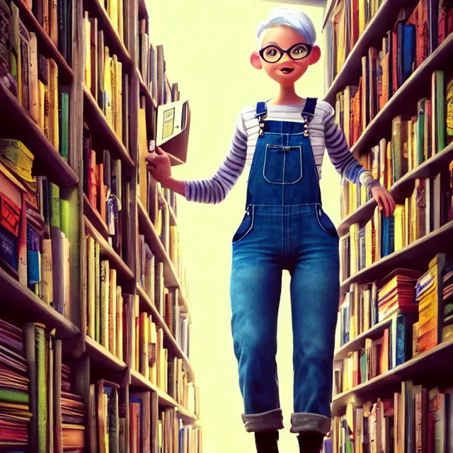 Image similar to full body pose, beautiful adult book fairy, pixar, short white hair shaved sides, dirty, grungy, grunge, long sleeve, painted overalls, stacks of giant books, highly detailed, 4 k, hdr, smooth, sharp focus, high resolution, award - winning photo, artgerm, photorealistic