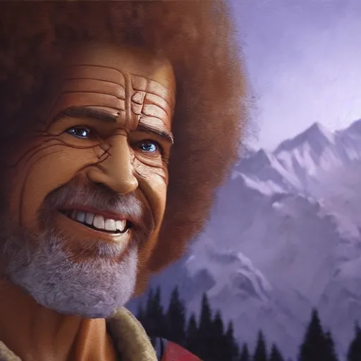 Image similar to a closeup photorealistic photograph of bob ross working on a canvas painting of deadpool. film still. brightly lit scene. mountains and trees. this 4 k hd image is trending on artstation, featured on behance, well - rendered, extra crisp, features intricate detail, epic composition and the style of unreal engine.