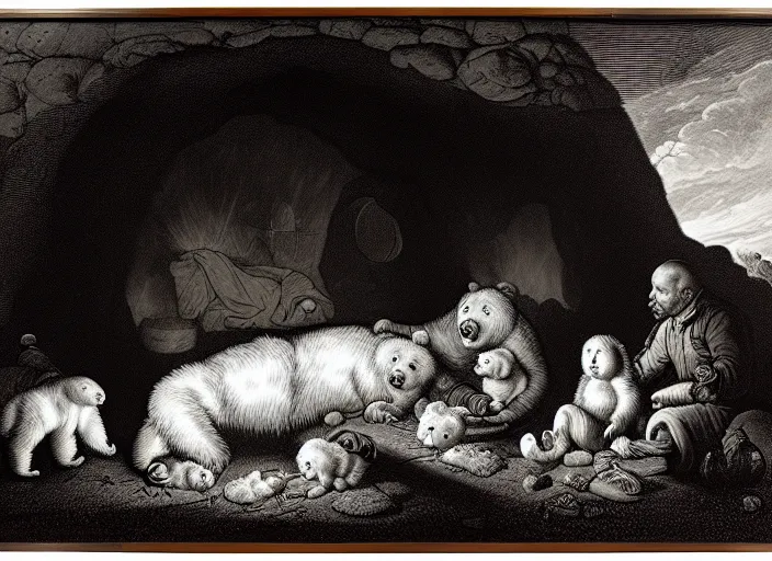 Image similar to Pieter Claesz's 'bear and her cubs sleeping in a dark cave lit by campfire', night time, cross hatching, framed