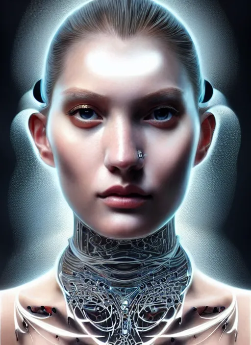 Prompt: a highly detailed photo of very intricate female face full - length portrait, futurism, rococo cyber tattoo lighting, detailed futuristic fibonacci jewelry, profile posing, hyper photorealistic, crispy quality, digital photography, trending in pinterest, cinematic, 4 k ultra hd, art by pascal blanche, art by greg rutkowski, art by artgerm,