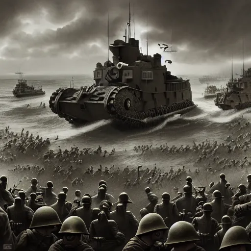 Image similar to the the D day WW2 in roblox, photo from 1940s, very detailed, fantasy, dramatic, intricate, elegant, highly detailed, digital painting, artstation, concept art, smooth, sharp focus, illustration, art by Gustave Dore, octane render