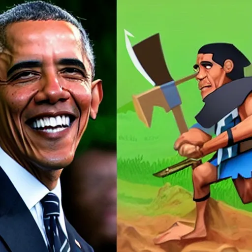 Prompt: barack obama cosplaying a clash of clans barbarian,