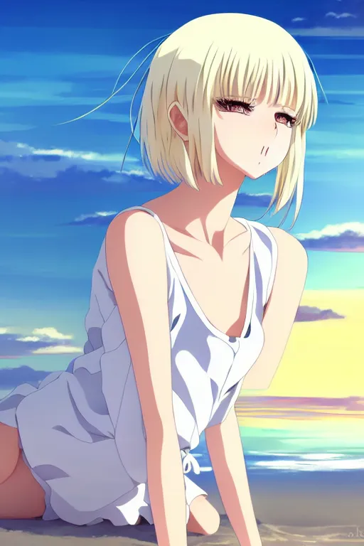 Image similar to anime art full body portrait character concept art, anime key visual of elegant young female, platinum blonde straight bangs and large eyes, finely detailed perfect face delicate features directed gaze, laying down in the sand at sunset at a beach trending on pixiv fanbox, studio ghibli, extremely high quality artwork