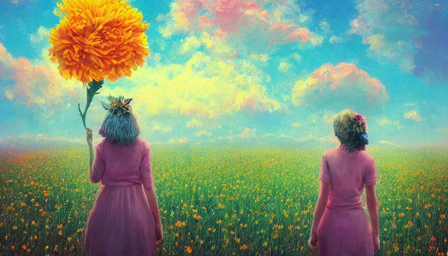 Image similar to girl with a giant flower as a face, surreal photography, dream, standing in flower field, hills, big trees, sunrise dramatic light, impressionist painting, colorful clouds, digital painting, pointillism, artstation, simon stalenhag, flower face