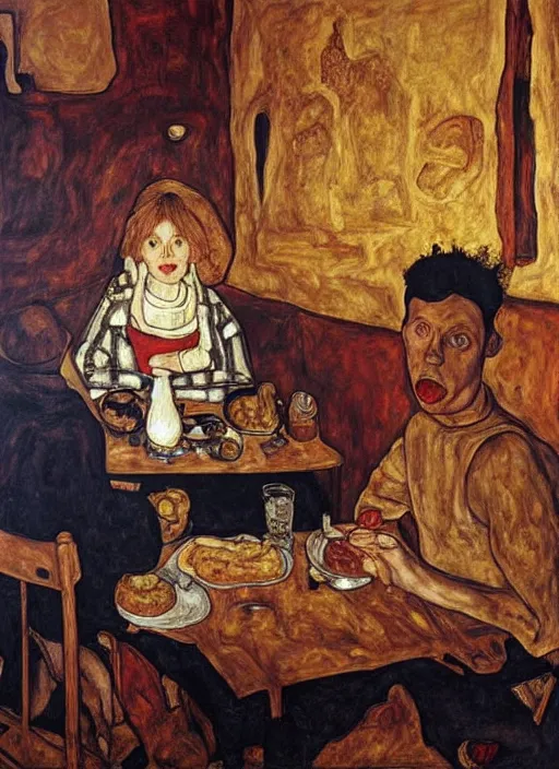 Image similar to young man eating a hamburger in the center of a dark medieval dinning room, surrounded by starving people in front of a giant painting, extremely realistic and highly detailed painting by egon schiele, soft light, gold ratio