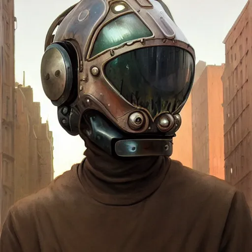 Image similar to a concept art portrait of masked diesel punk helmet on the art deco streets of the big city, artstation, award - winning realistic sci - fi concept art by jim burns and greg rutkowski, beksinski, a realism masterpiece, muted color palette, james gilleard, bruegel, alphonse mucha, and yoshitaka amano