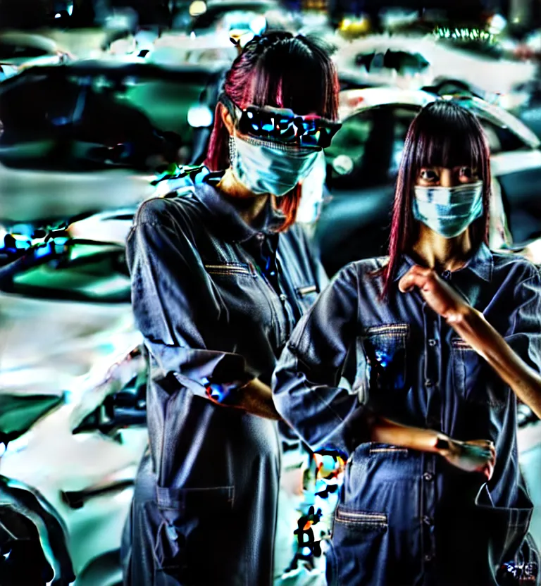 Image similar to a photo close up a female mechanic standing next to cyberpunk car,, wearing mask, cyberpunk garage, cyberpunk gunma prefecture, midnight, photorealistic, cinematic color, studio lighting, highly detailed, bokeh, style by tomino - sama