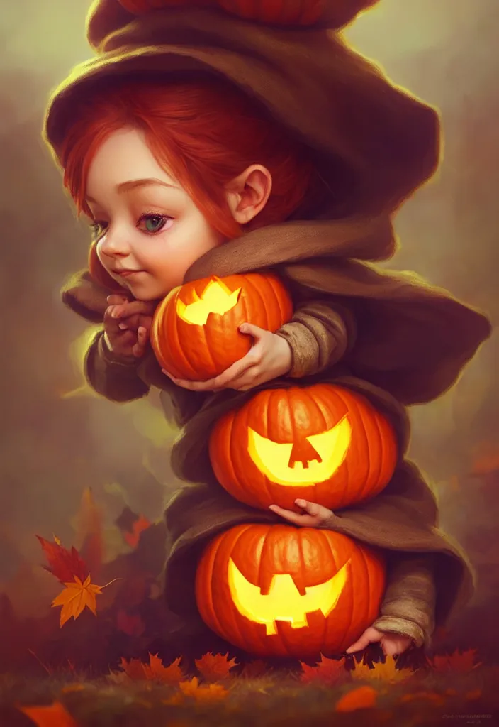 Image similar to hand drawn cute one gnomes face in autumn disguise holding pumpkin, detailed closeup face, concept art, low angle, high detail, warm lighting, volumetric, godrays, vivid, beautiful, trending on artstation, art by artgerm and greg rutkowski and alphonse mucha