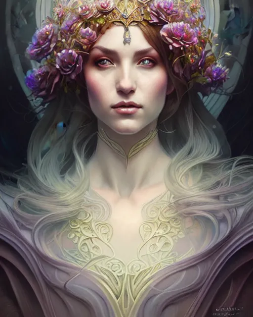 Image similar to beautiful ethereal queen portrait, art nouveau, fantasy, intricate flower designs, elegant, highly detailed, digital painting, artstation, concept art, matte, sharp focus, illustration, art by Artgerm and Greg Rutkowski and WLOP