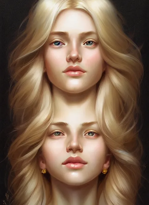 Image similar to beautiful feminine face! portrait of young woman blessed by god with ever - increasing physical and mental perfection, blonde hair, symmetrical!! intricate, elegant, highly detailed, vision of holy perfection!! smile, digital painting, artstation, concept art, smooth, sharp focus, illustration, art by artgerm and greg rutkowski and alphonse mucha