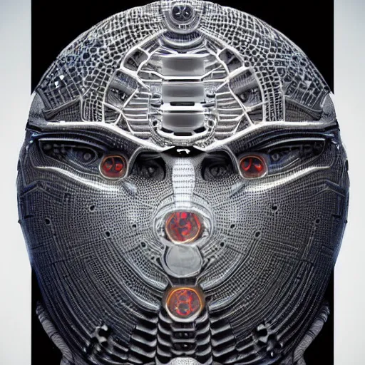 Image similar to an insanely detailed cibernetic artwork of a futuristic artificial intelligence superstar, centered image, perfectly symmetrical alien face, extremely detailed texture, with frames made of detailed fractals, octsne render, 4k, insanely detailed, detailed grid as background, cgi