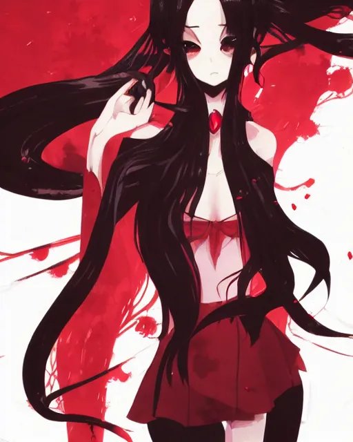 Prompt: vampire girl with wavy black hair wearing red, dark background, ink, cel shaded, anime, ilya kuvshinov, guweiz, svetlana tigai, greg rutkowski, studio trigger, ross tran, loish