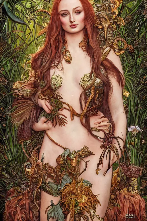 Image similar to Sophie Turner as the Queen of the Jungle, cute, fantasy, intricate, elegant, highly detailed, digital painting, 4k, HDR, concept art, smooth, sharp focus, illustration, art by artgerm and H R Giger and alphonse mucha