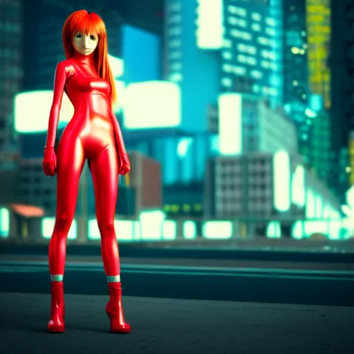 Image similar to asuka langley in a neon city, octane render 8 k, photorealistic render, atmospheric render, beautiful face, cute, realistic skin, redshift render, realistic reflections