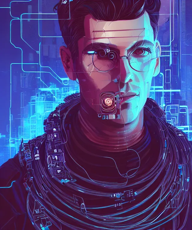 Image similar to a portrait of a male cyberpunk netrunner made of cables, fantasy, elegant, digital painting, artstation, concept art, matte, sharp focus, illustration, art by josan gonzalez