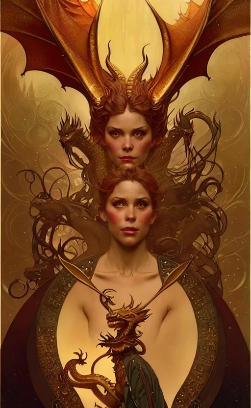 Image similar to magic gold dragon gorgeous lighting by weta studio, mucha, bautista and norman rockwell and greg rutkowski and tom bagshaw and james gurney and lucasfilm