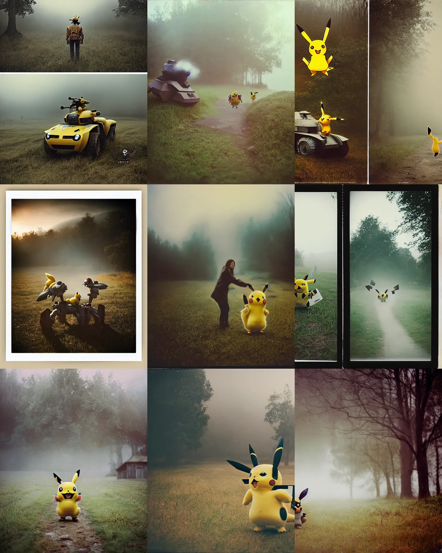 Prompt: pikachu battle mech attacks on rural village , Cinematic focus, Polaroid photo, vintage, neutral colors, soft lights, foggy, mist, by Steve Hanks, by Serov Valentin, by lisa yuskavage, by Andrei Tarkovsky