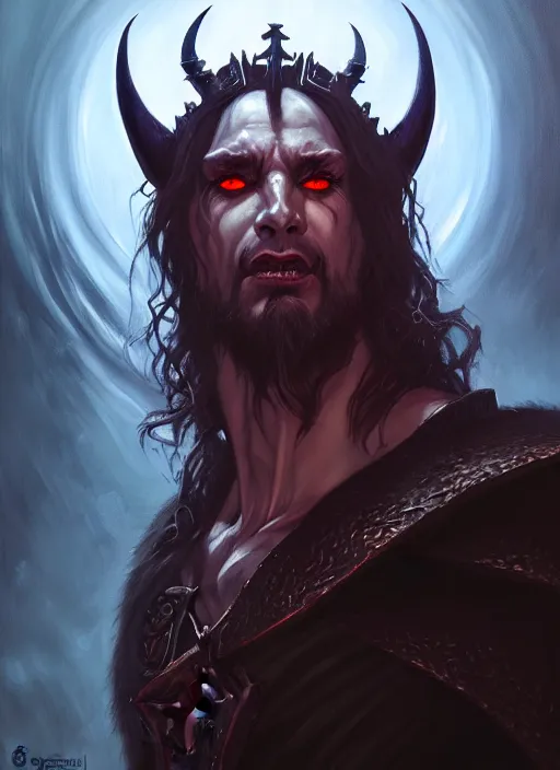Image similar to a _ fantasy _ style _ portrait _ painting _ of demon king asmodeus, dnd, wicked, oil _ painting _ unreal _ 5 _ daz. _ rpg _ portrait _ extremely _ detailed _ artgerm _ greg _ rutkowski _ greg