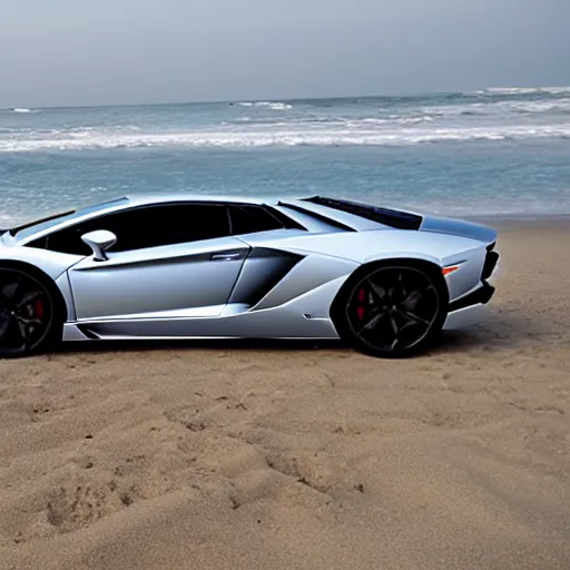 Prompt: A beautiful silver Lamborghini aventador on the beach, 8k