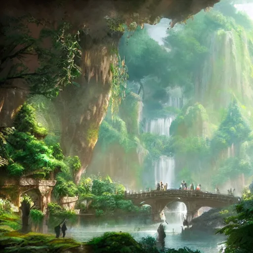 Image similar to an environmental concept art of rivendell by studio ghibli, environmental lighting, cinematic