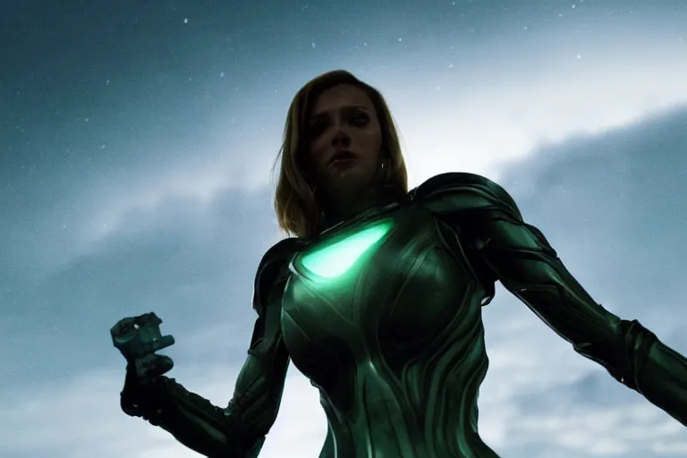 Image similar to VFX movie closeup portrait of a futuristic inhuman alien hero woman in spandex armor in future city, hero pose night lighting by Emmanuel Lubezki