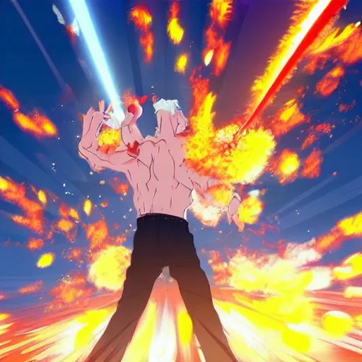 Image similar to man hitting the ground creating a explosion, anime