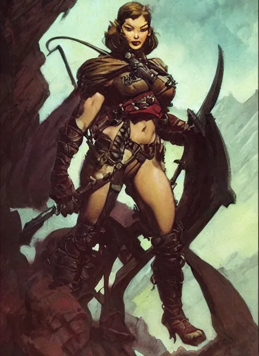 Image similar to portrait of strong female ranger, beautiful! coherent! dungeons and dragons character, by frank frazetta, by brom, strong line, deep color, leather armor, short buzzed hair, high contrast