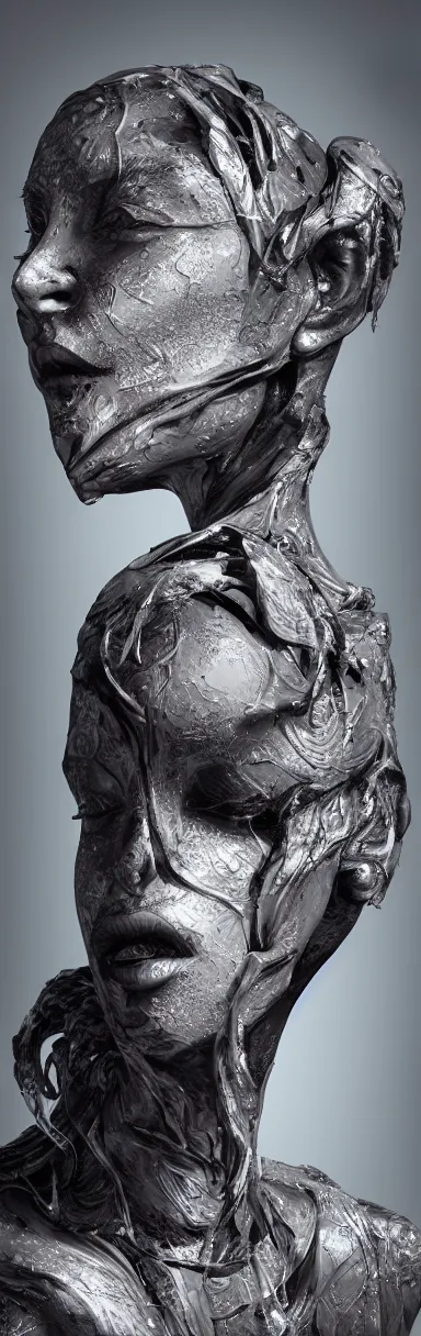 Image similar to epic illustration, digital abstract sculpt of beautiful female face silhouette and black swirling concrete acrylic portrait, black latex sculpt, octane render, mechanical superstructure, sacred geometry, glowing edges, magic hour, beautiful light, sculpture of carving marble, dark colors, dark mood, one point light, clockwork, epic matte painting, concept art, bokeh, digital painting, artstation