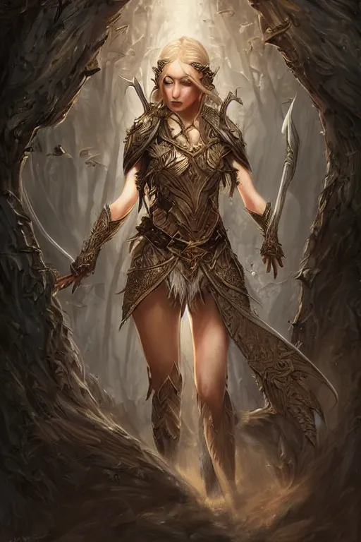 Prompt: Epic painting of a fierce female elven warrior blessed by the light of the forest, D&D, fantasy, intricate, elegant, highly detailed, digital painting, artstation, concept art, smooth, sharp focus, illustration, art by artgerm