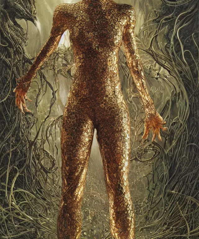 Prompt: a portrait photograph of a evil fierce sadie sink as a strong alien harpy queen with amphibian skin. she is dressed in a dark lace shiny metal slimy organic membrane catsuit and transforming into a insectoid snake bird. by donato giancola, walton ford, ernst haeckel, peter mohrbacher, hr giger. 8 k, cgsociety