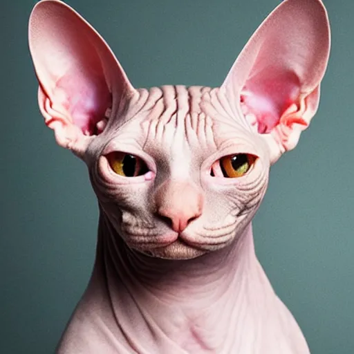 Prompt: Sphynx cat, hairless cat, cuddly, cute, adorable, wrinkly, smooth, award-winning photography